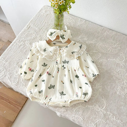 -ベビーロンパース レース縁取り丸襟リーフフラワープリント長袖ボディスーツ+リボンヘアバンドセット アプリコット【mh0007393】 - mamahalo shop - 長袖ロンパース -  べビー服 - 子供服 - 男の子 - 女の子