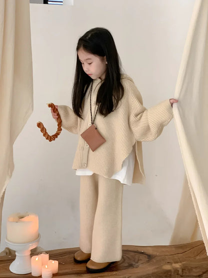 -キッズセットアップ 2点セット ニットフーディカーディガンジャケット ルーズフレアパンツ - mamahalo shop - 長袖セットアップ -  べビー服 - 子供服 - 男の子 - 女の子