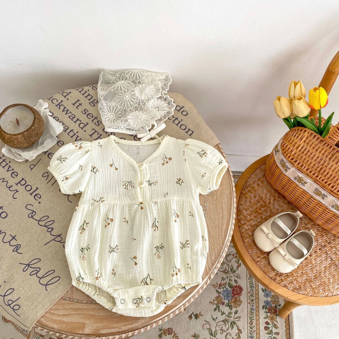 -ベビーロンパース  半袖ボディスーツ 花柄フラワープリント - mamahalo shop - 半袖ロンパース -  べビー服 - 子供服 - 男の子 - 女の子