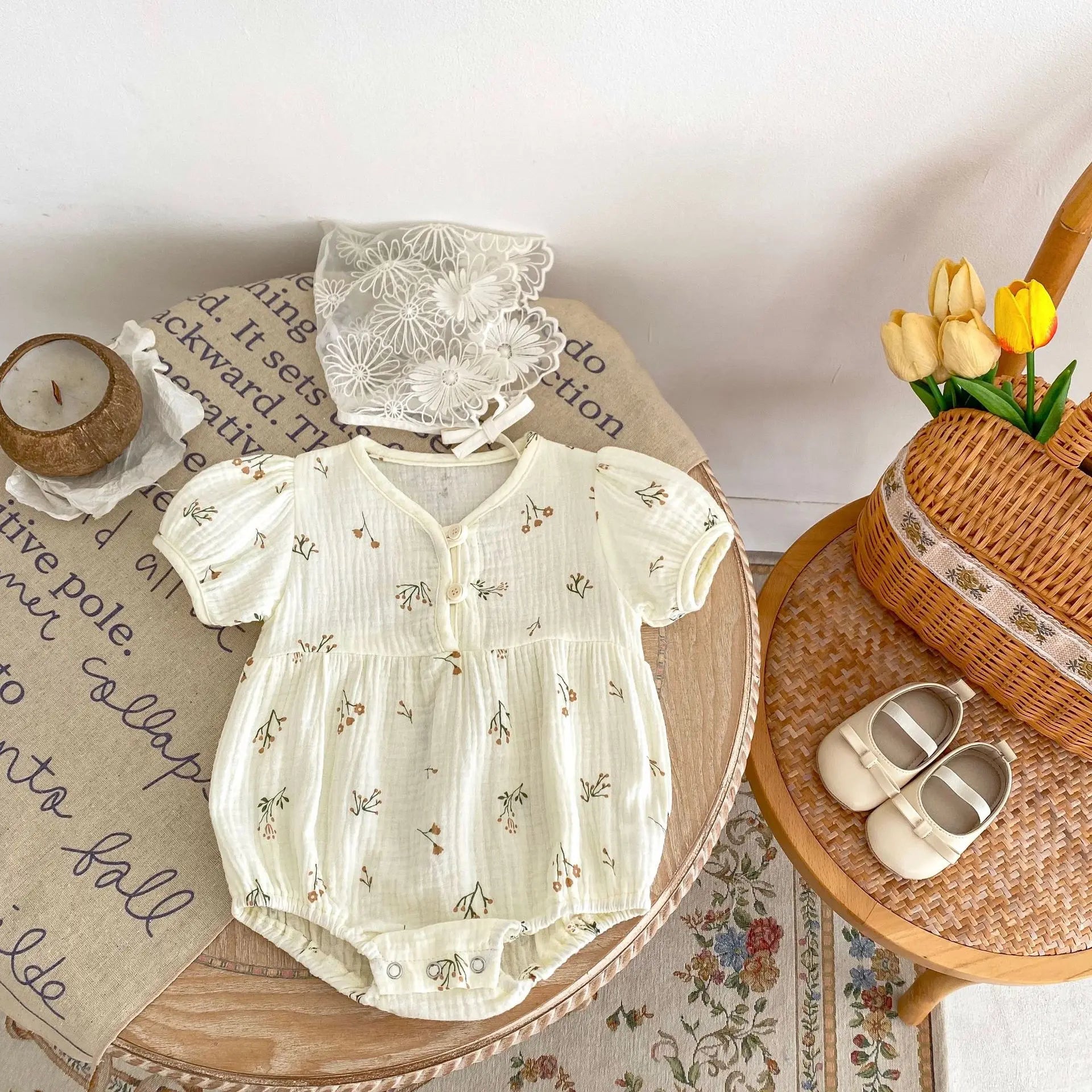 -ベビーロンパース  半袖ボディスーツ 花柄フラワープリント - mamahalo shop - 半袖ロンパース -  べビー服 - 子供服 - 男の子 - 女の子