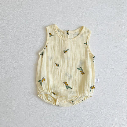 -ベビーロンパース ノースリーブボディスーツ 月ムーン/洋梨/オリーブ/水玉ドットプリント【mh0005689】 - mamahalo shop - ノースリーブロンパース -  べビー服 - 子供服 - 男の子 - 女の子