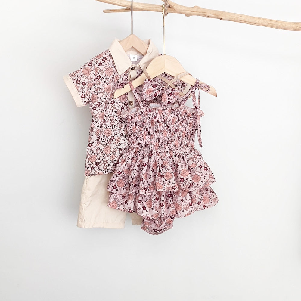 -ベビー キッズ セットアップ フラワー 花柄 ガールズ キャミソール ロンパース ワンピース ボーイズ セットアップ 半袖 シャツ ショートパンツ リンク 姉妹 兄弟 お揃い コーデ【mh0002074】 - mamahalo shop - ノースリーブワンピース -  べビー服 - 子供服 - 男の子 - 女の子