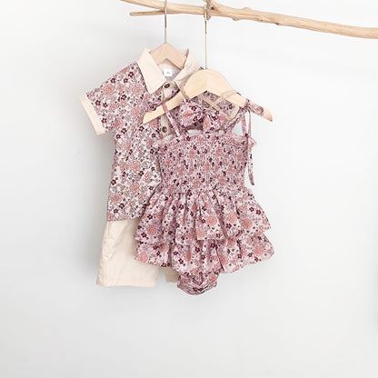 -ベビー キッズ セットアップ フラワー 花柄 ガールズ キャミソール ロンパース ワンピース ボーイズ セットアップ 半袖 シャツ ショートパンツ リンク 姉妹 兄弟 お揃い コーデ【mh0002074】 - mamahalo shop - ノースリーブワンピース -  べビー服 - 子供服 - 男の子 - 女の子