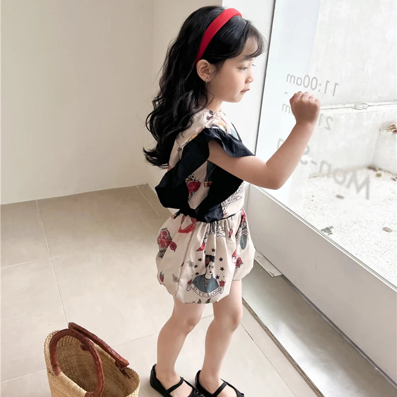 -キッズセットアップ 2点セット バタフライスリーブトップス+バルーンショートパンツ レトロプリント【mh0005902】 - mamahalo shop - ノースリーブセットアップ -  べビー服 - 子供服 - 男の子 - 女の子