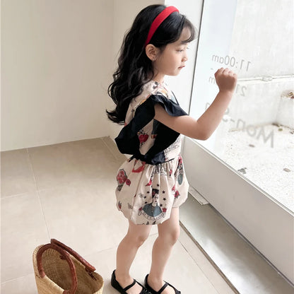 -キッズセットアップ 2点セット バタフライスリーブトップス+バルーンショートパンツ レトロプリント【mh0005902】 - mamahalo shop - ノースリーブセットアップ -  べビー服 - 子供服 - 男の子 - 女の子