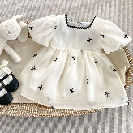 ☺︎ キッズワンピース 半袖パフスリーブサマードレス リボン ベージュ - mamahalo shop - 半袖ワンピース -  べビー服 - 子供服 - 男の子 - 女の子