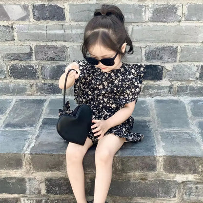 -キッズセットアップ 2点セット フリルスリーブブラウス+ショートパンツ フラワー花柄プリント 2カラー【mh0006083】 - mamahalo shop - ノースリーブセットアップ -  べビー服 - 子供服 - 男の子 - 女の子