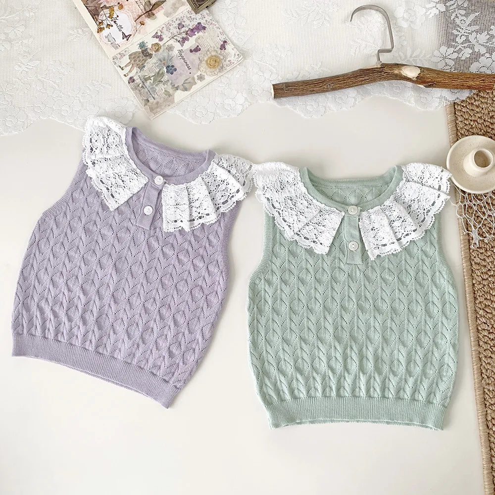 -ベビーキッズトップス レースニット ノースリーブ レース襟 カットソー 2カラー【mh0005302】 - mamahalo shop - タンクトップ・キャミソール・ノースリーブトップス -  べビー服 - 子供服 - 男の子 - 女の子