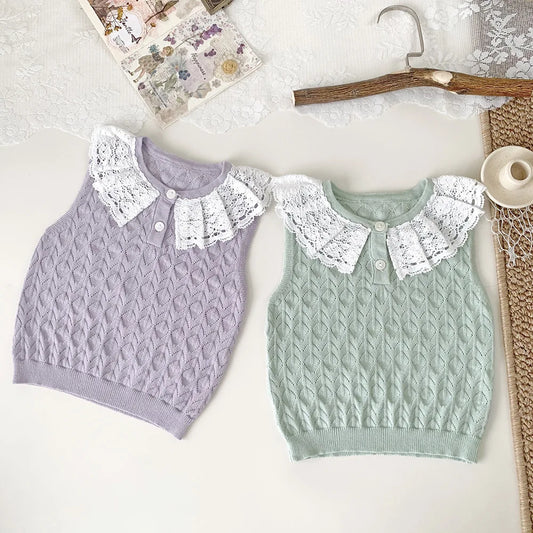 -ベビーキッズトップス レースニット ノースリーブ レース襟 カットソー 2カラー【mh0005302】 - mamahalo shop - タンクトップ・キャミソール・ノースリーブトップス -  べビー服 - 子供服 - 男の子 - 女の子