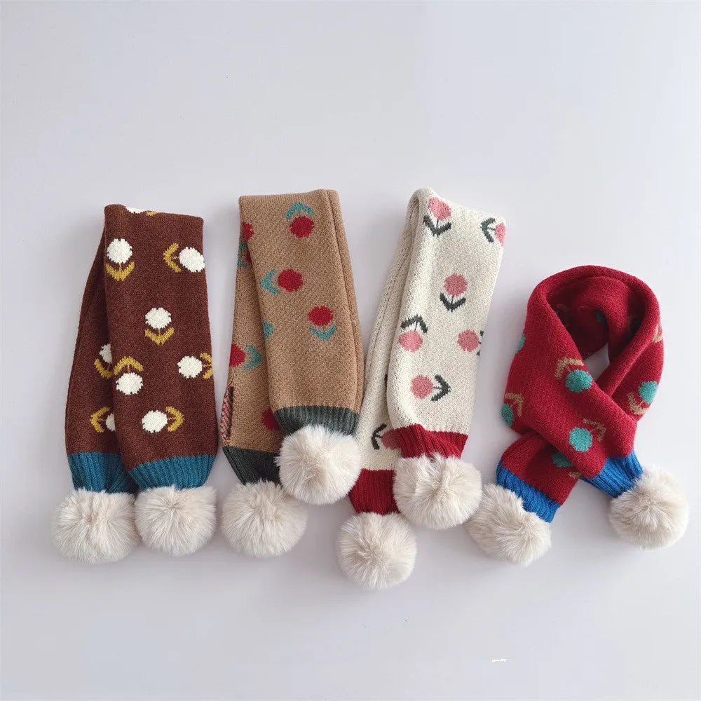 -キッズマフラー ぽんぽん付きネックウォーマー フラワー花柄 ガールズ 女の子 子供服【mh0003327】 - mamahalo shop - ネックウォーマー -  べビー服 - 子供服 - 男の子 - 女の子