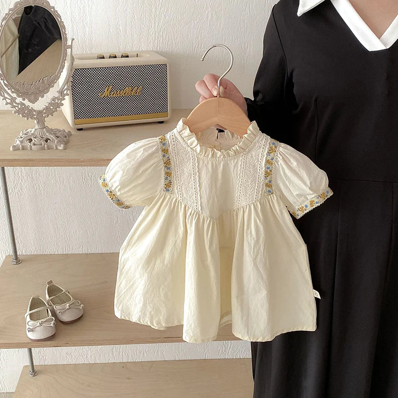 -キッズワンピース 半袖パフスリーブドレスワンピース チロリアン ベージュ - mamahalo shop - 半袖ワンピース -  べビー服 - 子供服 - 男の子 - 女の子