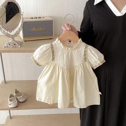 -キッズワンピース 半袖パフスリーブドレスワンピース チロリアン ベージュ - mamahalo shop - 半袖ワンピース -  べビー服 - 子供服 - 男の子 - 女の子