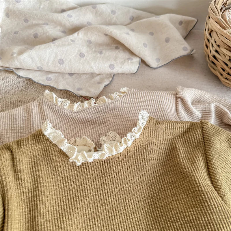 -キッズカットソー ニットTシャツ レースフリル 長袖パフスリーブ 裏フリース 2カラー ガールズ 女の子 子供服 - mamahalo shop - 長袖Tシャツ -  べビー服 - 子供服 - 男の子 - 女の子