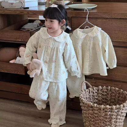 -キッズパジャマセット アップルりんご/うさぎバニープリント長袖ブラウス+ロングパンツ 3カラー - mamahalo shop - 長袖パジャマ -  べビー服 - 子供服 - 男の子 - 女の子