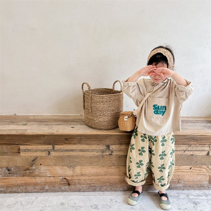 -キッズ レトロフラワー ルーズ ロング パンツ グレー カーキ ガールズ - mamahalo shop - ロングパンツ・スウェットパンツ -  べビー服 - 子供服 - 男の子 - 女の子