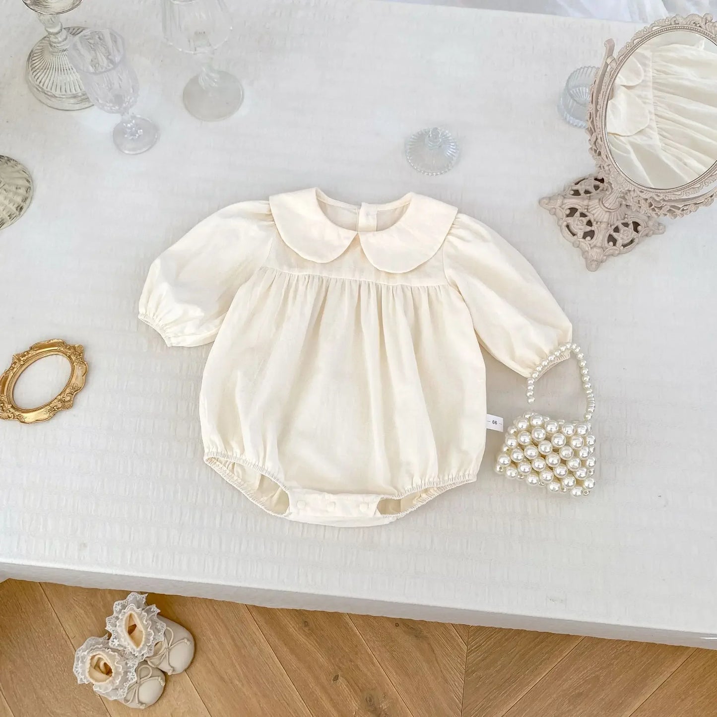 -ベビーセットアップ 2点セット 丸襟長袖ロンパース+ローズレースエプロンノースリーブベストドレスワンピース 2カラー - mamahalo shop - ロンパースセットアップ -  べビー服 - 子供服 - 男の子 - 女の子