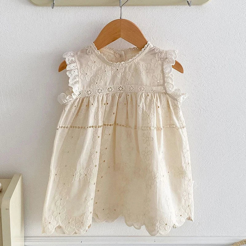 -ベビーロンパース/キッズワンピース レースフリル ノースリーブ リンクコーデ 姉妹 お揃いコーデ ベージュ【mh0006530】 - mamahalo shop - ノースリーブロンパース -  べビー服 - 子供服 - 男の子 - 女の子