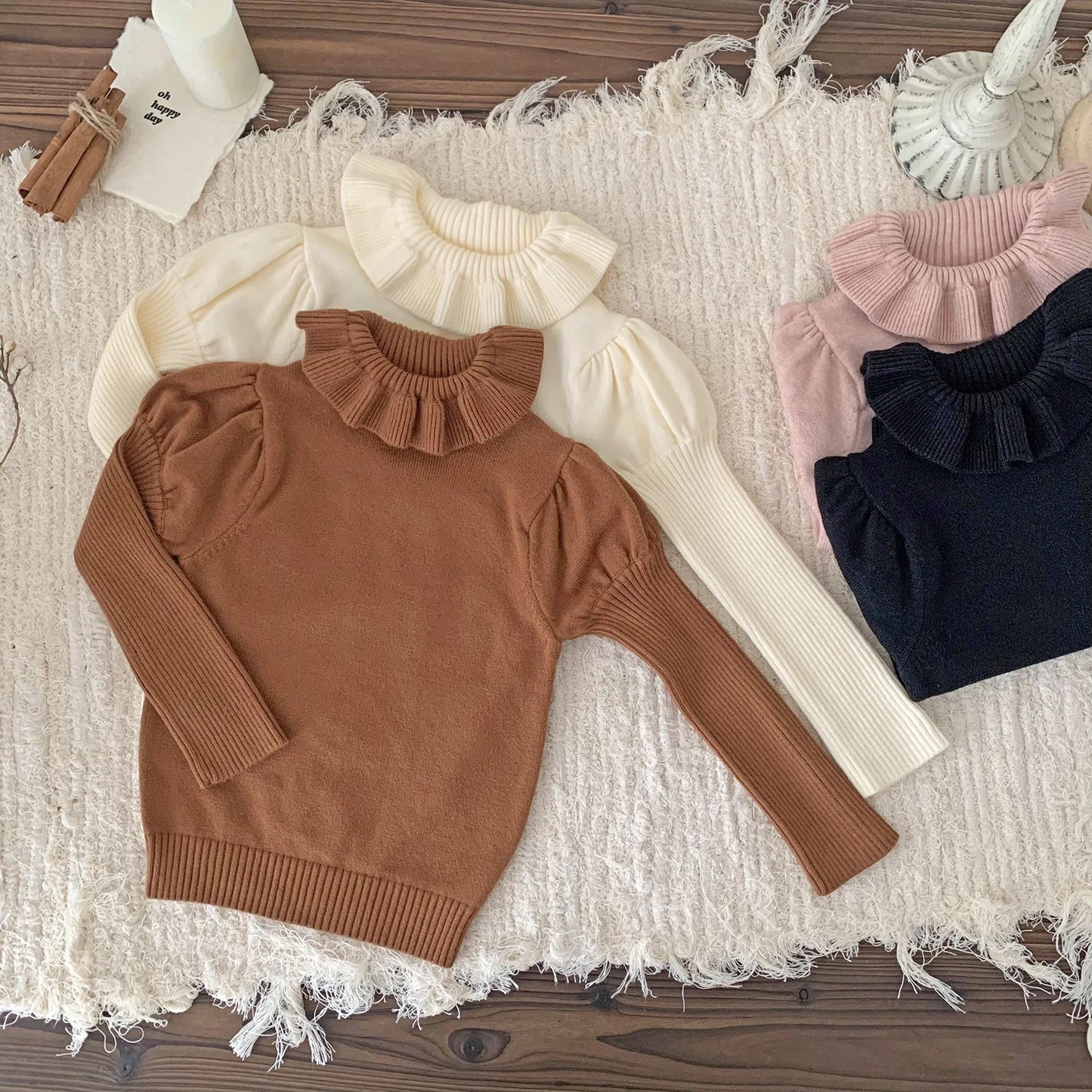 -ベビーキッズトップス ラッフル襟ニット長袖パフスリーブカットソーセーター 3カラー - mamahalo shop - ニット・セーター -  べビー服 - 子供服 - 男の子 - 女の子