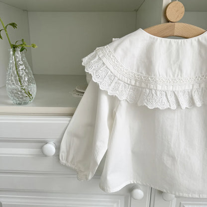 -キッズトップス 長袖ブラウス シャツ レース襟 フラワー花柄刺繍 リボン ホワイト - mamahalo shop - 長袖シャツ・ブラウス -  べビー服 - 子供服 - 男の子 - 女の子