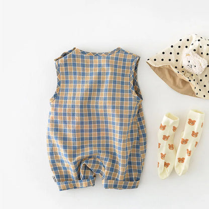 -ベビージャンプスーツ ノースリーブチェックボディスーツ ベアくまプリント【mh0006261】 - mamahalo shop - ノースリーブジャンプスーツ -  べビー服 - 子供服 - 男の子 - 女の子