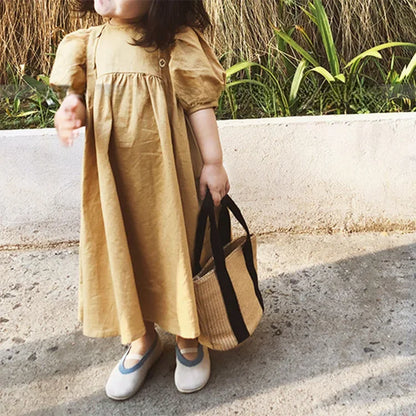 -キッズワンピース 半袖パフスリーブ フロントボタンアクセント カーキ【mh0006037】 - mamahalo shop - 半袖ワンピース -  べビー服 - 子供服 - 男の子 - 女の子