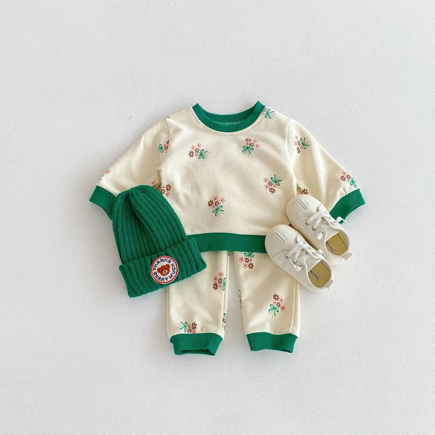 -ベビーキッズセットアップ 2点セット スウェットシャツ+ロングパンツ レトロバイピング フラワープリント - mamahalo shop - 長袖セットアップ -  べビー服 - 子供服 - 男の子 - 女の子