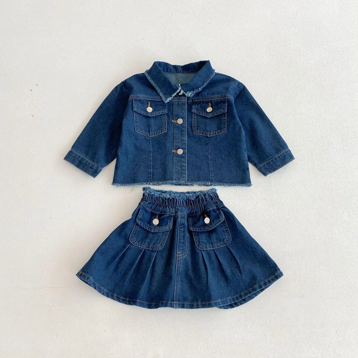 -キッズセットアップ 2点セット デニム長袖シャツ+ポケットアクセントデニムスカート - mamahalo shop - 長袖セットアップ -  べビー服 - 子供服 - 男の子 - 女の子