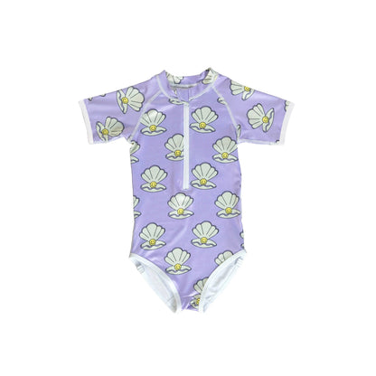 -キッズ 水着 半袖 つなぎ ラッシュガード ワンピース ガールズ シェル ボーダー アイスクリーム スイムウェア 6スタイル【mh0002228】 - mamahalo shop - ベビー用水着 -  べビー服 - 子供服 - 男の子 - 女の子