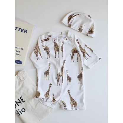 -キッズ水着 ボーイズ 長袖ジップアップつなぎ ワンピース+帽子セット アニマルプリント スイムウェア【mh0005992】 - mamahalo shop - ベビー用水着 -  べビー服 - 子供服 - 男の子 - 女の子