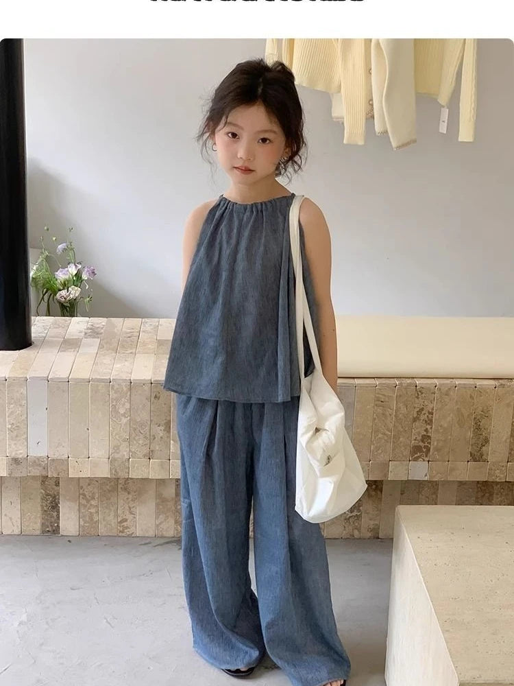 -キッズセットアップ 2点セット キャミソールチュニックブラウス+ワイドルーズタックパンツ - mamahalo shop - ノースリーブセットアップ -  べビー服 - 子供服 - 男の子 - 女の子