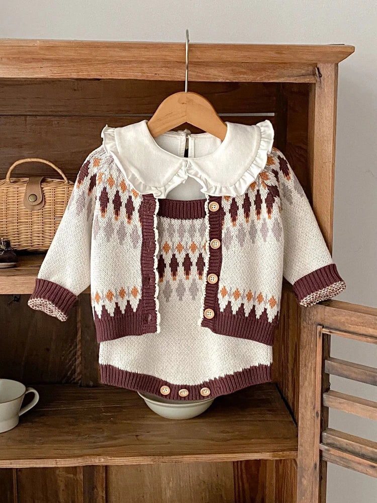 -ベビーカーディガン/ロンパース レトロ幾何学ニットジャケット/サスペンダーニットボディスーツ【mh0006984】 - mamahalo shop - ロンパースセットアップ -  べビー服 - 子供服 - 男の子 - 女の子