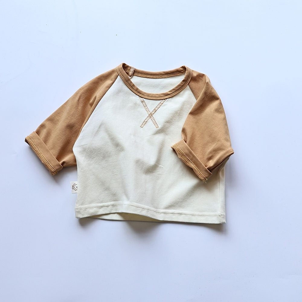 -ベビー シンプル ベーシック パッチワーク ラグラン 長袖 Tシャツ トップス ボーイズ - mamahalo shop - 長袖Tシャツ -  べビー服 - 子供服 - 男の子 - 女の子