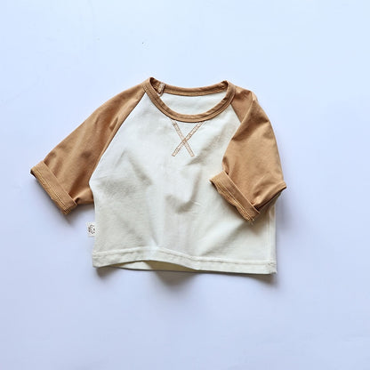 -ベビー シンプル ベーシック パッチワーク ラグラン 長袖 Tシャツ トップス ボーイズ - mamahalo shop - 長袖Tシャツ -  べビー服 - 子供服 - 男の子 - 女の子