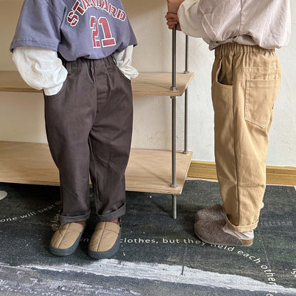 -キッズ シンプル ベーシック ロング ストレート パンツ カーキ ダークグレー ボーイズ【mh0002447】 - mamahalo shop - ロングパンツ・スウェットパンツ -  べビー服 - 子供服 - 男の子 - 女の子