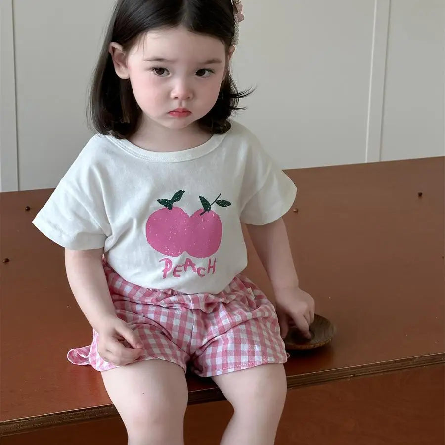 -ベビーセットアップ 2点セット 半袖Tシャツ+ショートパンツ フルーツプリント チェック 2カラー【mh0006274】 - mamahalo shop - 半袖セットアップ -  べビー服 - 子供服 - 男の子 - 女の子