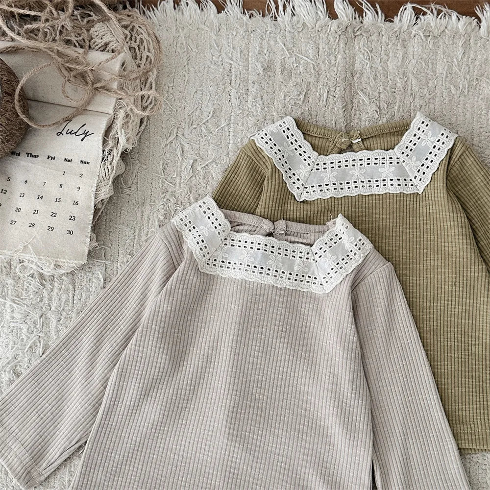 -ベビートップス レーススクエアネック長袖Tシャツカットソー 2カラー【mh0006700】 - mamahalo shop - 長袖Tシャツ -  べビー服 - 子供服 - 男の子 - 女の子