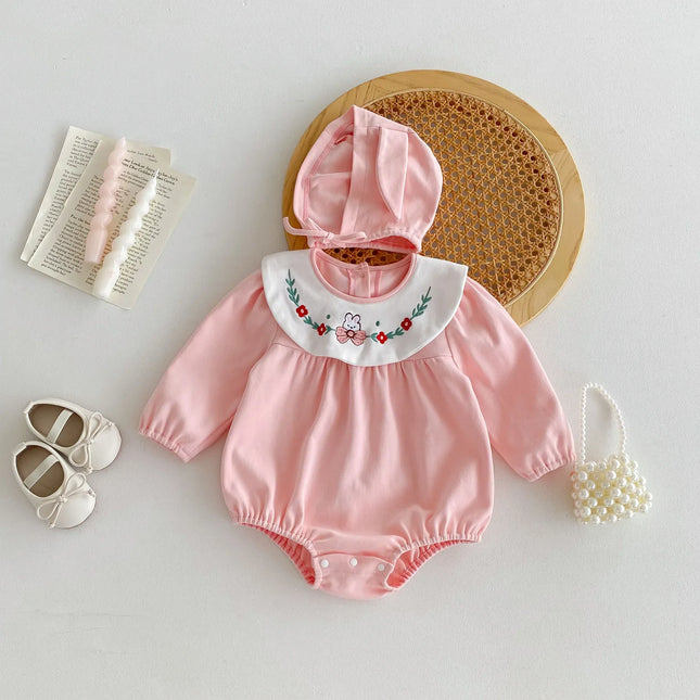 4209 Baby Clothes Autumn 2024 New Korean Girl Baby One Piece Clothes Doll Collar Cute Cotton Climbing Clothes with Hat - mamahalo shop - 長袖ロンパース -  べビー服 - 子供服 - 男の子 - 女の子