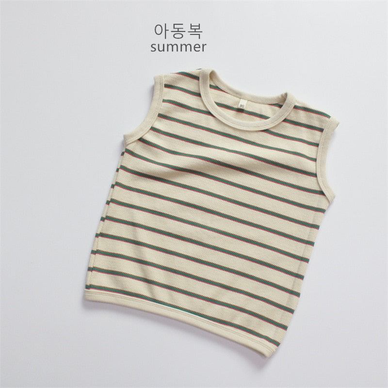 -キッズ ボーダー タンクトップ ノースリーブ Tシャツ ベージュ コーヒーブラウン ユニセックス【mh0001983】 - mamahalo shop - タンクトップ・キャミソール・ノースリーブトップス -  べビー服 - 子供服 - 男の子 - 女の子