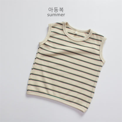 -キッズ ボーダー タンクトップ ノースリーブ Tシャツ ベージュ コーヒーブラウン ユニセックス【mh0001983】 - mamahalo shop - タンクトップ・キャミソール・ノースリーブトップス -  べビー服 - 子供服 - 男の子 - 女の子