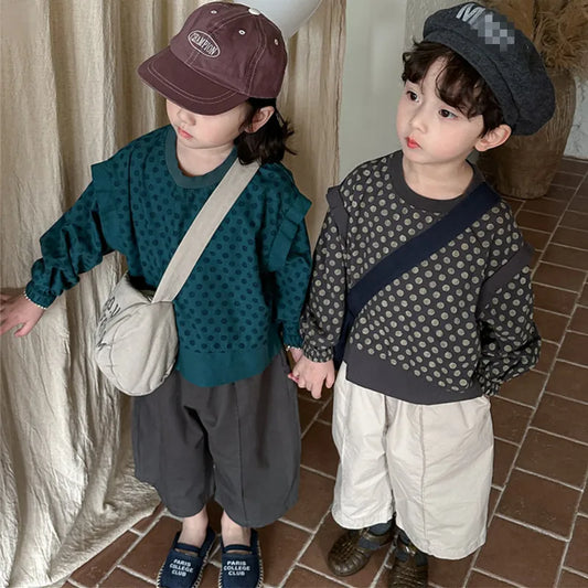 -キッズトップス 長袖ショルダードッキングTシャツ 水玉ドットプリント レイクブルー/グレー/2カラー - mamahalo shop - 長袖Tシャツ -  べビー服 - 子供服 - 男の子 - 女の子