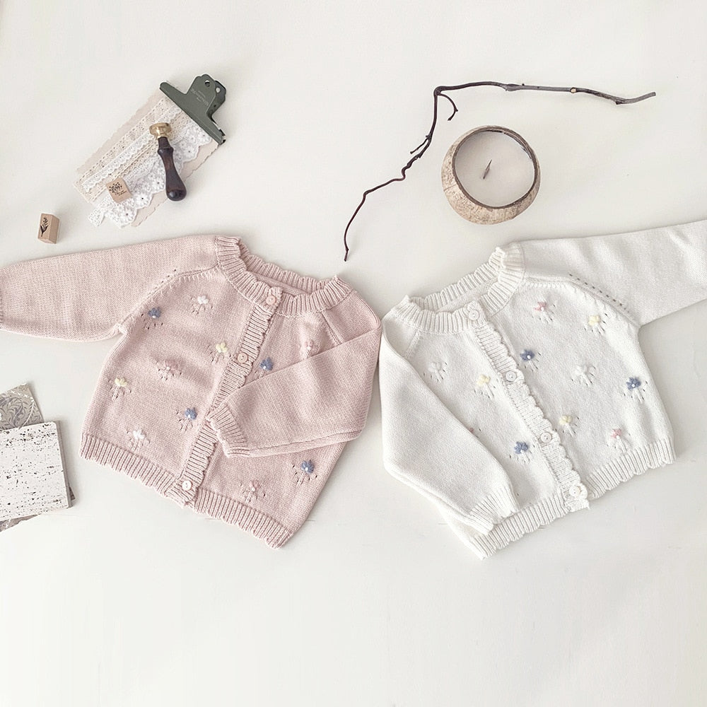 -ベビー キッズ ニットカーディガン ジャケット フラワー 花柄 刺繍 アイボリー ピンク 2カラー ガールズ 女の子 子供服 - mamahalo shop - カーディガン・パーカー -  べビー服 - 子供服 - 男の子 - 女の子