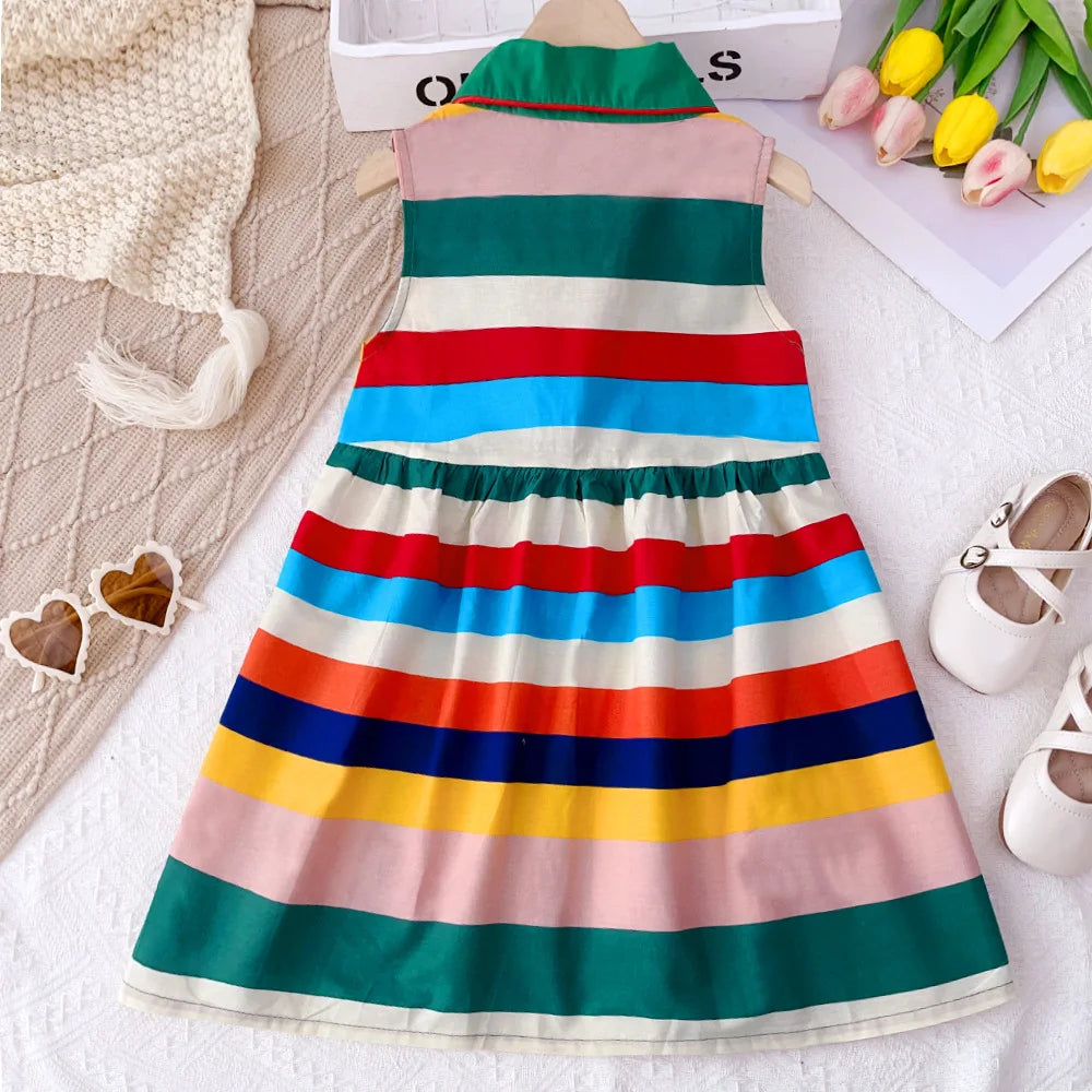 -キッズワンピース 襟付きノースリーブブラウスワンピース カラフルストライプ【mh0004541】 - mamahalo shop - ノースリーブワンピース -  べビー服 - 子供服 - 男の子 - 女の子