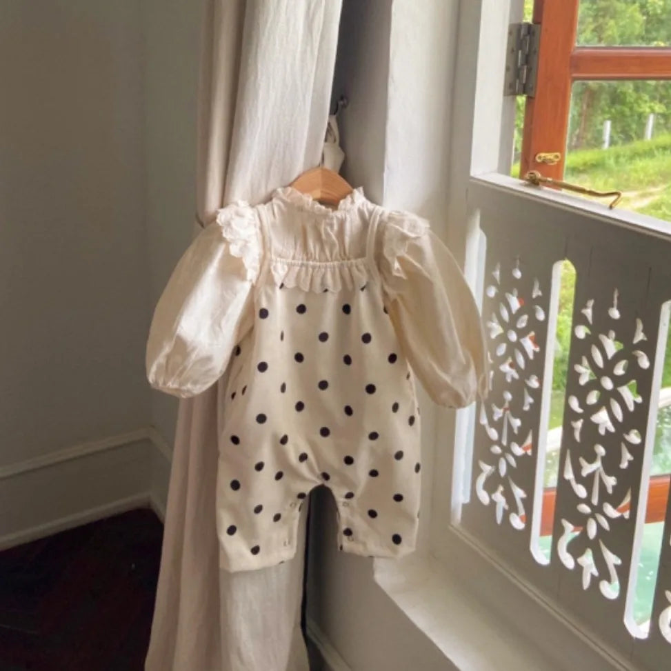 -ベビーサロペット キャミソールジャンプスーツ レースフリル ドット水玉プリント 2カラー - mamahalo shop - サロペットパンツ・サスペンダーパンツ -  べビー服 - 子供服 - 男の子 - 女の子