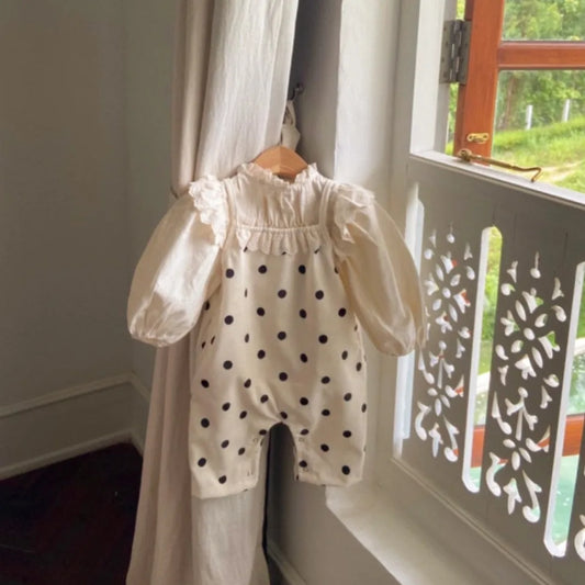 -ベビーサロペット キャミソールジャンプスーツ レースフリル ドット水玉プリント 2カラー - mamahalo shop - サロペットパンツ・サスペンダーパンツ -  べビー服 - 子供服 - 男の子 - 女の子