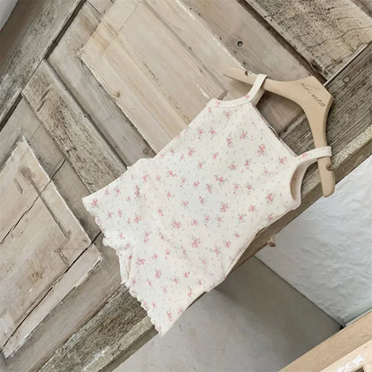 -☺︎ ベビーセットアップ 2点セット キャミソールトップス+ショートパンツ フラワー花柄プリント 2カラー - mamahalo shop - ノースリーブセットアップ -  べビー服 - 子供服 - 男の子 - 女の子