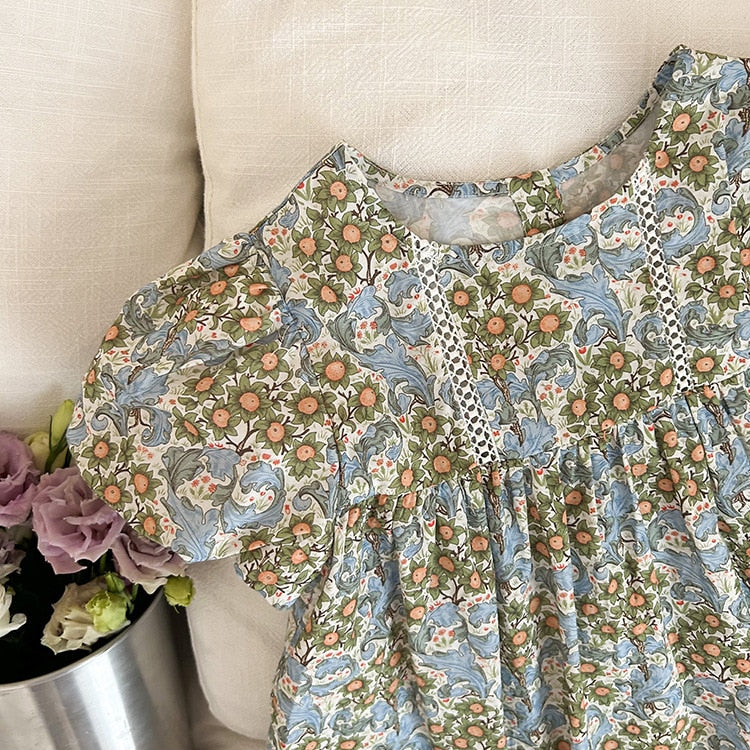 -キッズ フラワー 花柄 レース 半袖 パフスリーブ ワンピース ガールズ - mamahalo shop - 半袖ワンピース -  べビー服 - 子供服 - 男の子 - 女の子