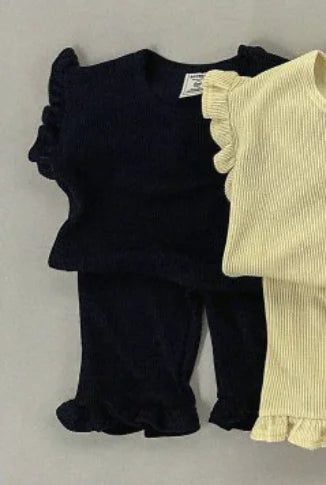 -キッズセットアップ 2点セット フリルスリーブTシャツ+裾フリルルーズロングパンツ 4カラー【mh0005388】 - mamahalo shop - 半袖セットアップ -  べビー服 - 子供服 - 男の子 - 女の子