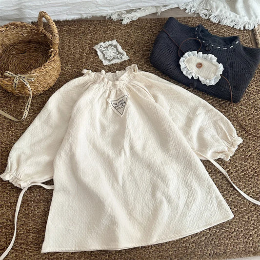 -キッズワンピース ワンポイント三角タグフリルカラー長袖スモッグワンピース ベージュ - mamahalo shop - 長袖ワンピース -  べビー服 - 子供服 - 男の子 - 女の子