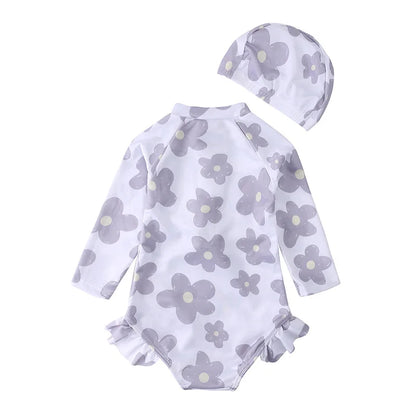 -キッズ水着 長袖ワンピース + キャップ スイムウェア ラッシュガード 帽子セット【mh0004403】 - mamahalo shop - ベビー用水着 -  べビー服 - 子供服 - 男の子 - 女の子