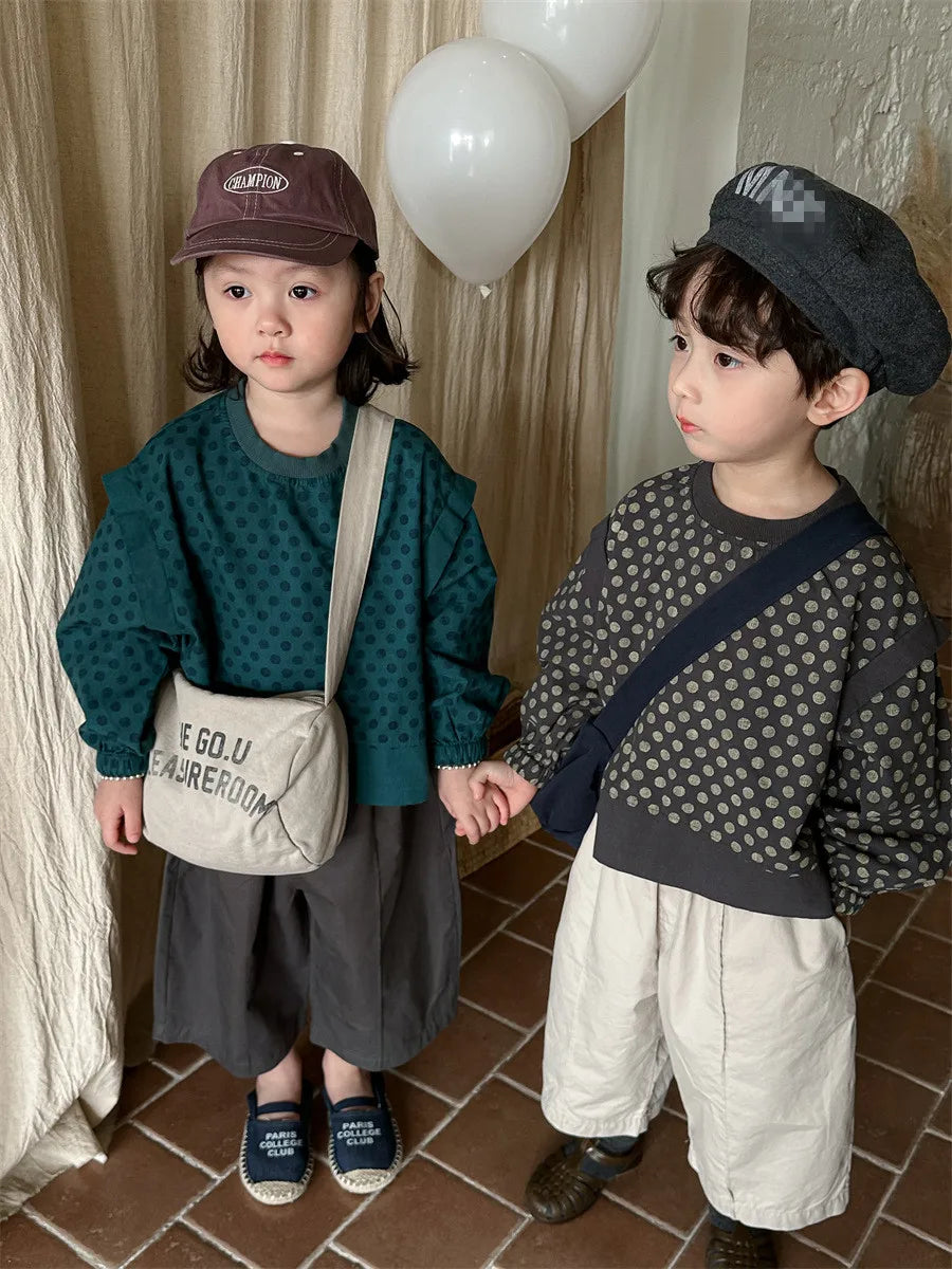 -キッズトップス 長袖ショルダードッキングTシャツ 水玉ドットプリント レイクブルー/グレー/2カラー - mamahalo shop - 長袖Tシャツ -  べビー服 - 子供服 - 男の子 - 女の子